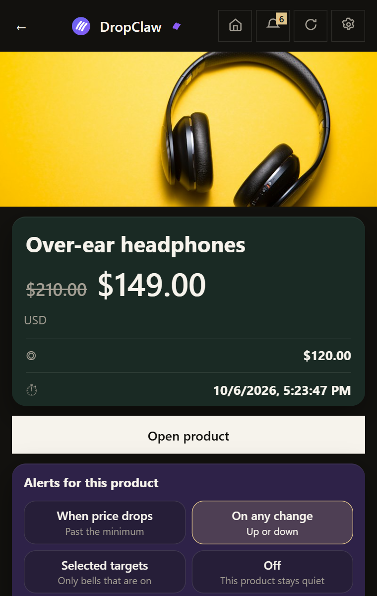 Product page in DropClaw with old and new price