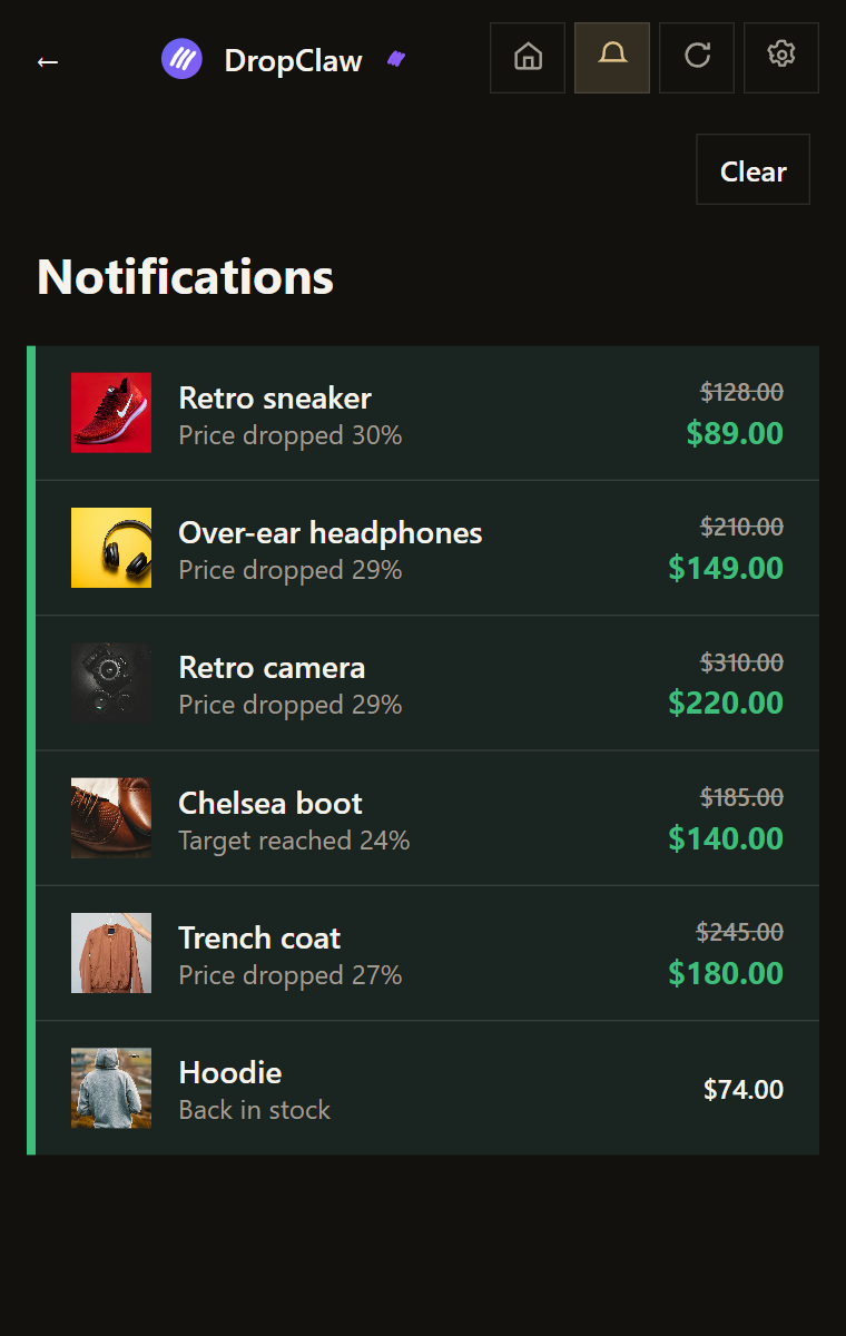 DropClaw notifications showing price drops
