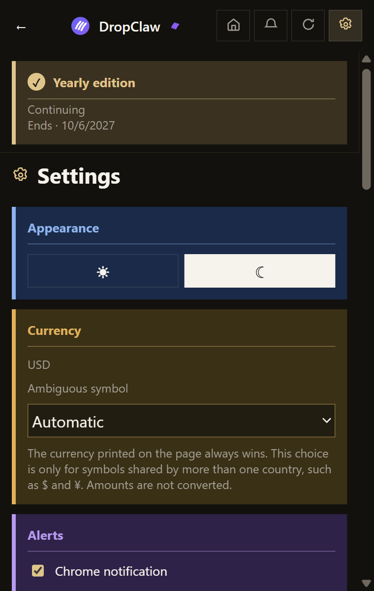 Settings screen